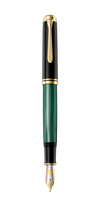 Pelikan Souverän M1000 green fountain pen with gold accents and a clear ink window, displayed on a white background.