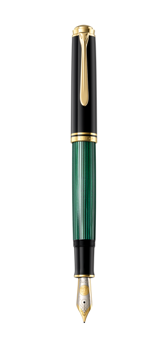 Pelikan Souverän M1000 green fountain pen with gold accents and a clear ink window, displayed on a white background.