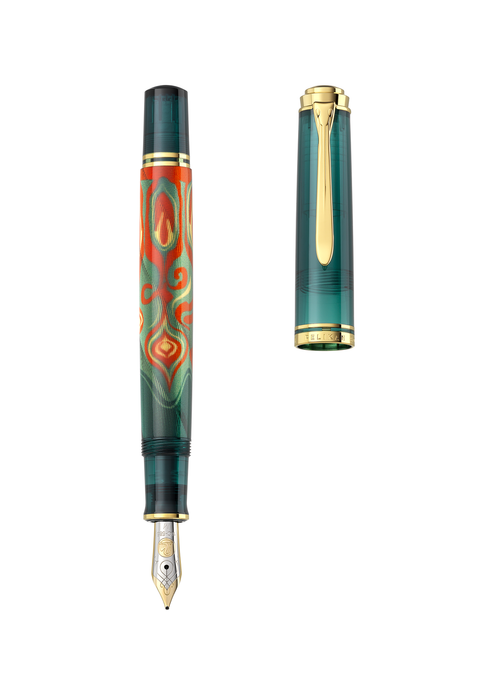 Pelikan Souverän M600 fountain pen from Rudi Rother Art Collection with green and gold accents, displayed on a white background.