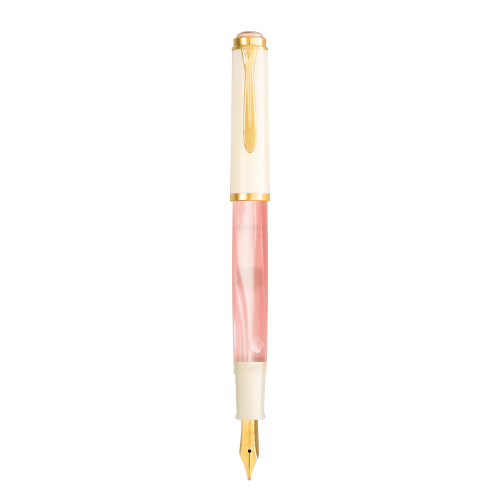 Pelikan M200 Cherry Blossom fountain pen with pink floral design and gold accents on a white background