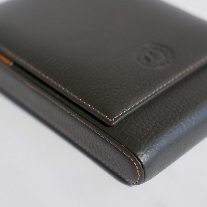 Close-up of a dark brown leather wallet on a light gray background