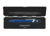 Caran D'Ache Roller Pen 849™ in blue with slim metal barrel and cap, showcasing its sleek design and iconic branding.