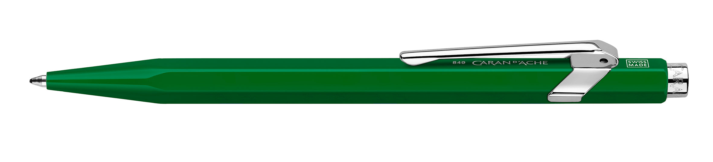 Caran D'Ache Ballpoint Pen 849 in classic silver with a sleek, rounded design and textured grip for smooth writing.