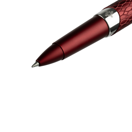 Diplomat Cobra rollerball pen in burgundy red with a sleek design and metallic accents, showcasing the front section of the pen.