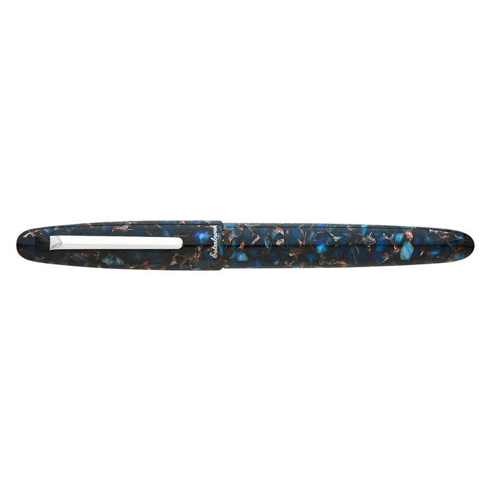 Blue Esterbrook Estie fountain pen with silver fittings, shown closed with a smooth barrel and elegant design.