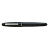 Esterbrook Estie fountain pen with silver fittings, black body, and closed cap, showcasing elegant craftsmanship.