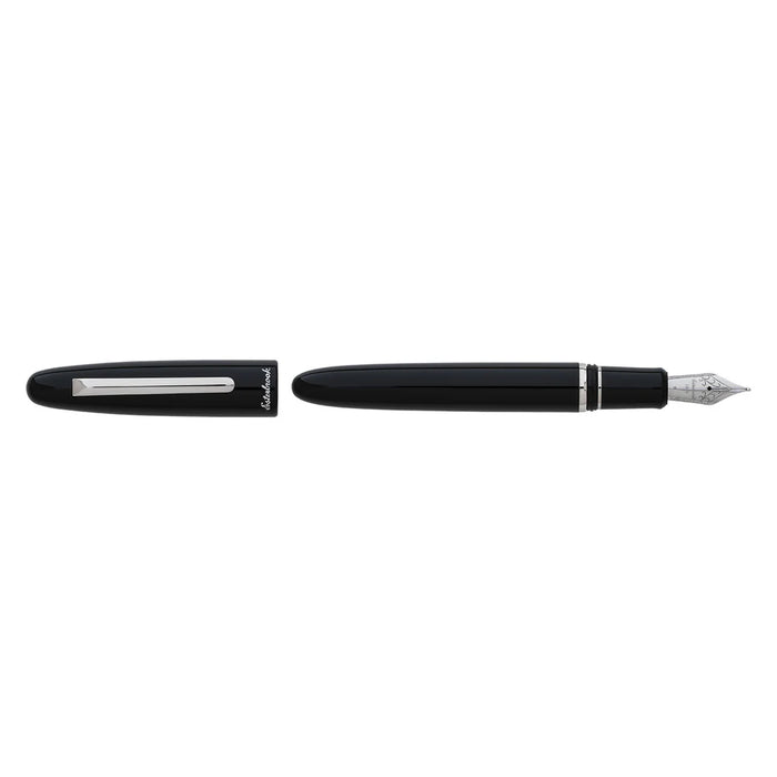 Open Esterbrook Estie fountain pen with silver fittings, showcasing its sleek black body and fine writing nib.