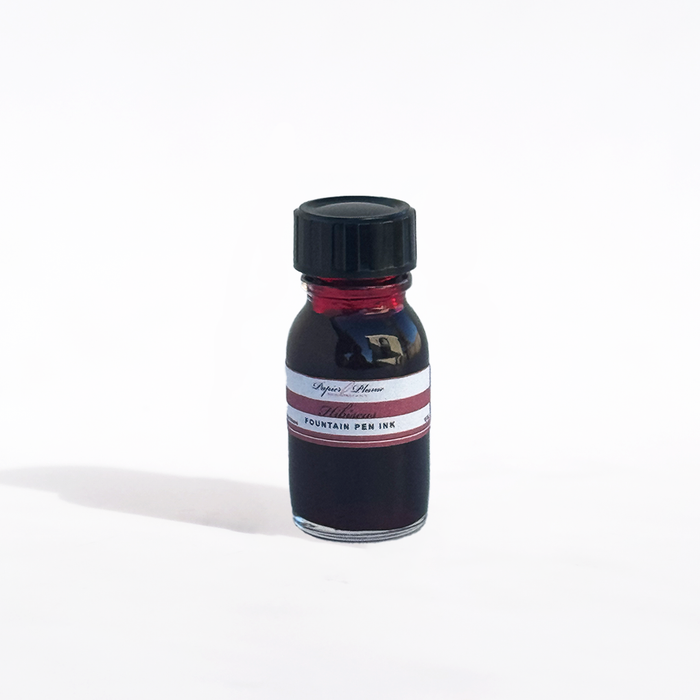 Papier Plume fountain pen ink set of 12 bottles with hibiscus-colored ink, 15ml each, for writing and calligraphy.