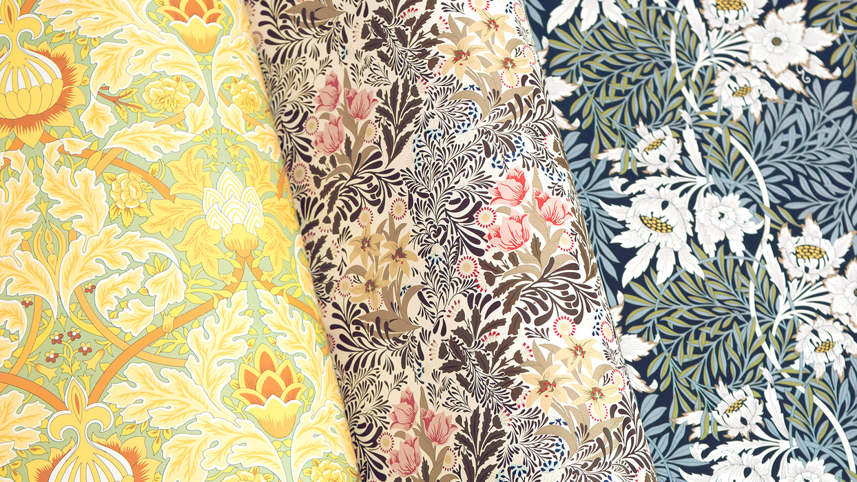 Creative paper featuring William Morris designs by Pepin Press, showcasing intricate floral and botanical patterns in vibrant colors.