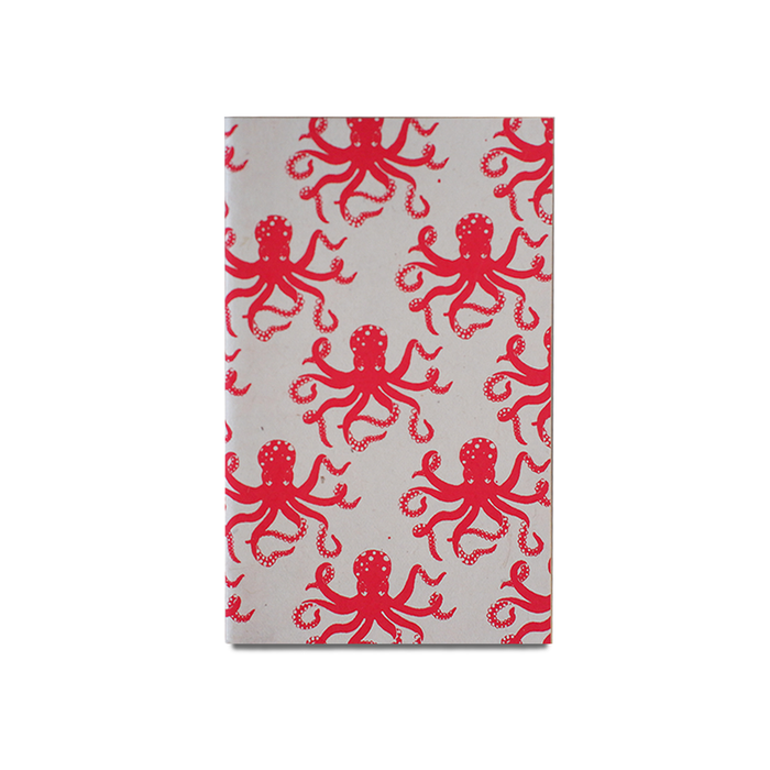 Giftsland octopus journal with patterned cover, open to show lined pages for writing and note-taking.