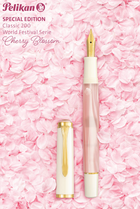 Pelikan M200 Cherry Blossom fountain pen with pink and gold accents, featuring a sleek design and detailed cap.