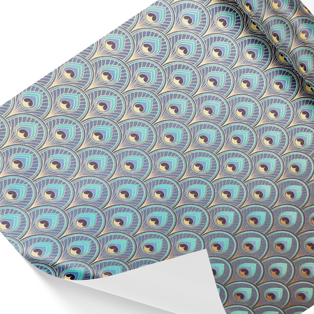 Patterned wrapping paper with peacock feather design on a white background