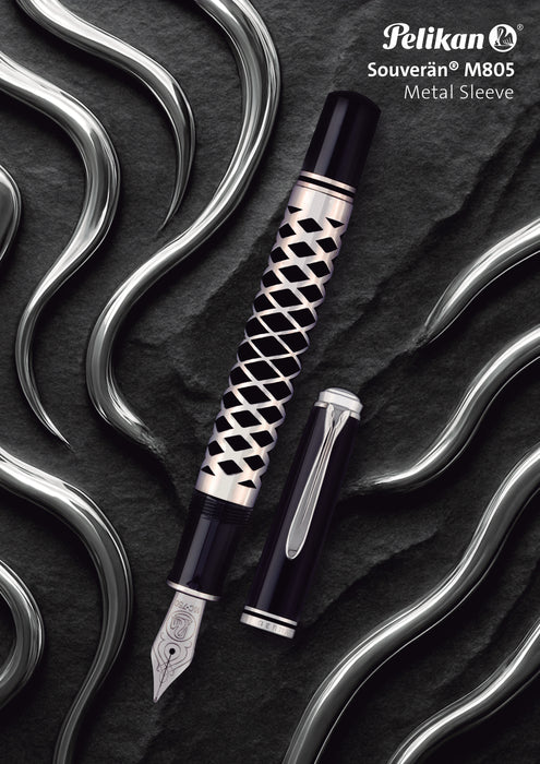 Pelikan Souverän M805 fountain pen with a metal sleeve, featuring a glossy body and gold accents, displayed on a white background.