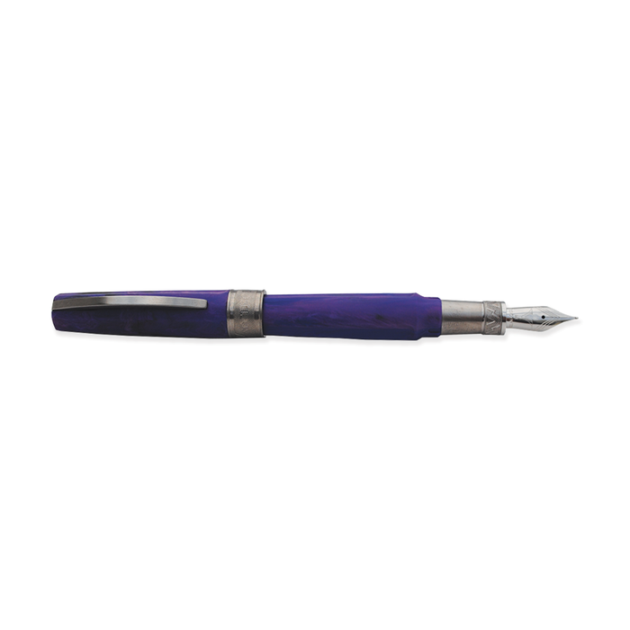 Visconti Mirage Mythos Persephone fountain pen with intricate design and gold accents, resting on a white surface.