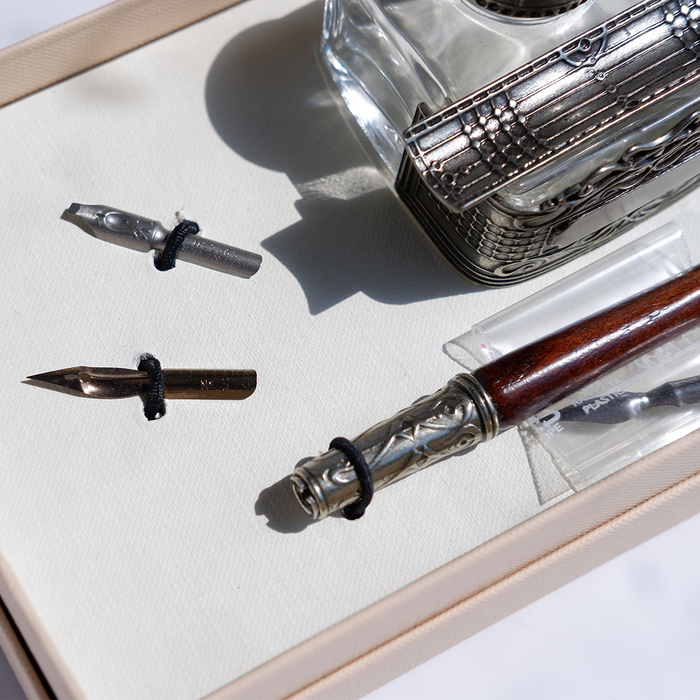 Bortoletti Calligraphy Set 65 with elegant calligraphy pens and nibs displayed on a white background for artistic writing.