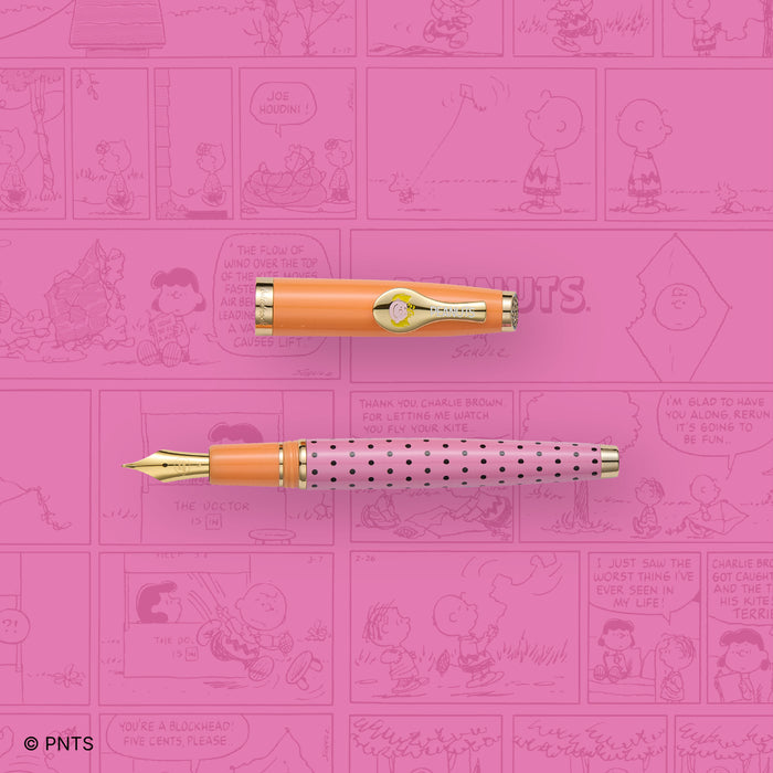 Fountain pen set on a pink background with comic strip design