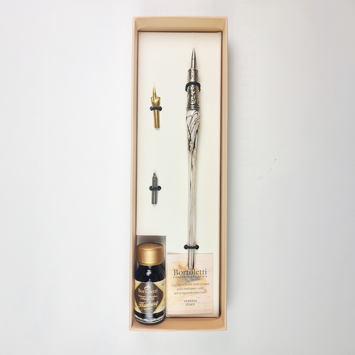 Bortoletti glass dipping pen set with 20 white pens, ideal for calligraphy and artistic writing, displayed on a white background.