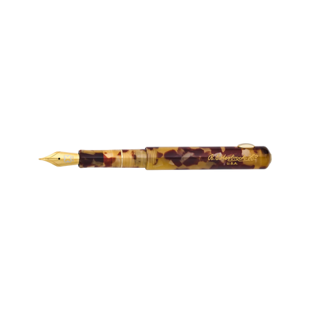 Esterbrook Niblet fountain pen with a tortoise shell-colored barrel and gold accents, open to reveal the nib and ink reservoir.