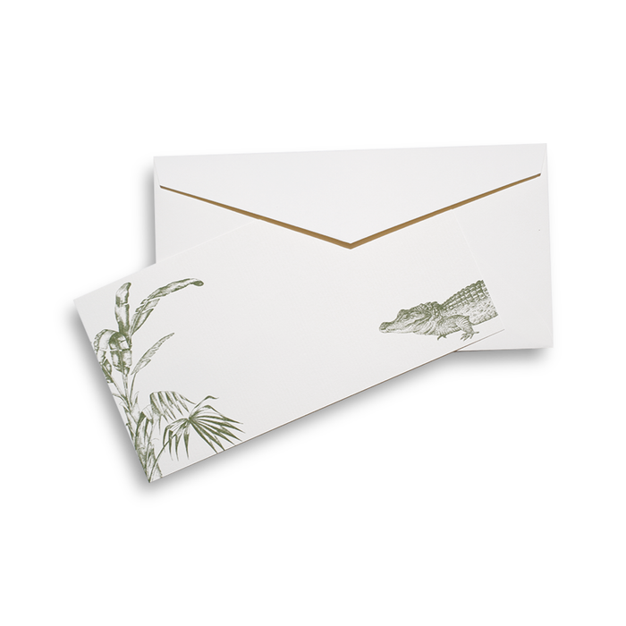 Alexa Pulitzer Swampy Gator Monarch note cards featuring colorful gator illustration on high-quality stationery.