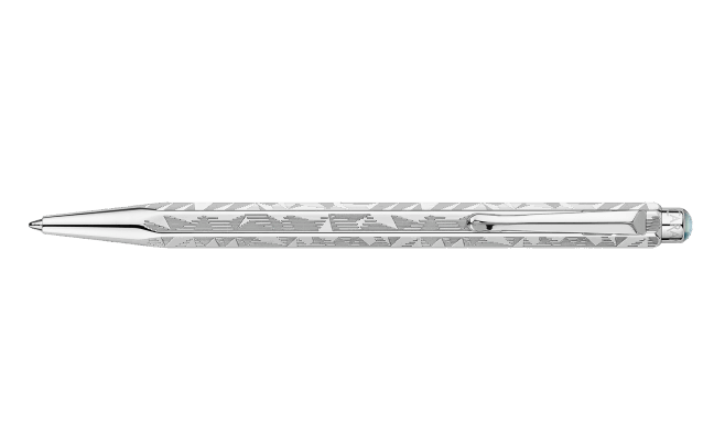 Caran D'Ache Ecridor Alpine Frost and Polar Blue ballpoint pen set with leather case, showcasing sleek metallic finish and elegant design.