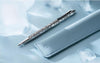 Caran D'Ache Ecridor Alpine Frost and Polar Blue ballpoint pen set with leather case, featuring sleek metal and elegant design details.