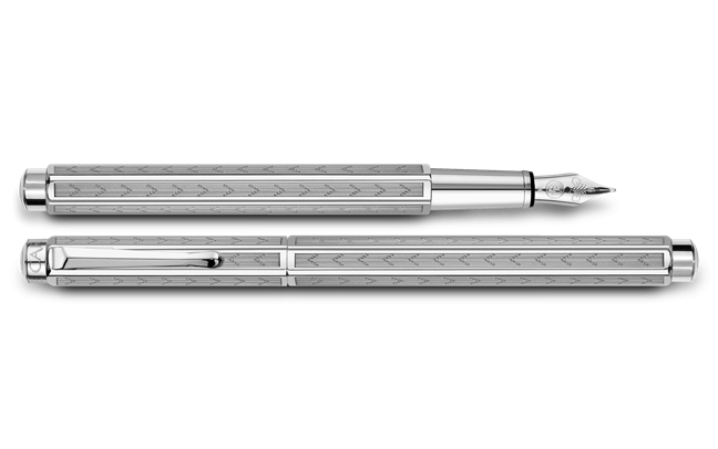 Caran D'Ache Platinum-Coated Ecridor Chevron fountain pen with a sleek chevron design and platinum finish, close-up detail image