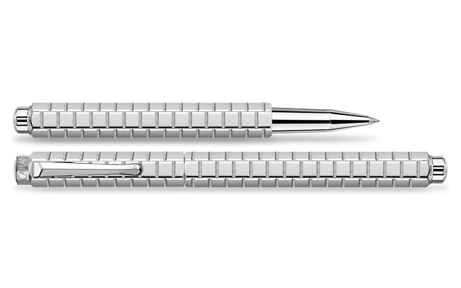 Close-up of Caran D'Ache Palladium-Coated ECRIDOR™ Avenue rollerball pen with intricate detailing and sleek design.