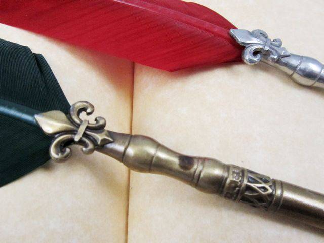 Pewter or Bronze Ballpoint Pen with Quill, Fleur de Lys Pattern - Papier Plume