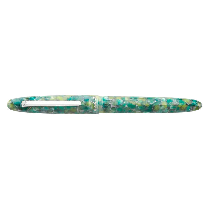 Silver Esterbrook Estie fountain pen with closed silver fittings, showcasing a sleek and elegant writing instrument.